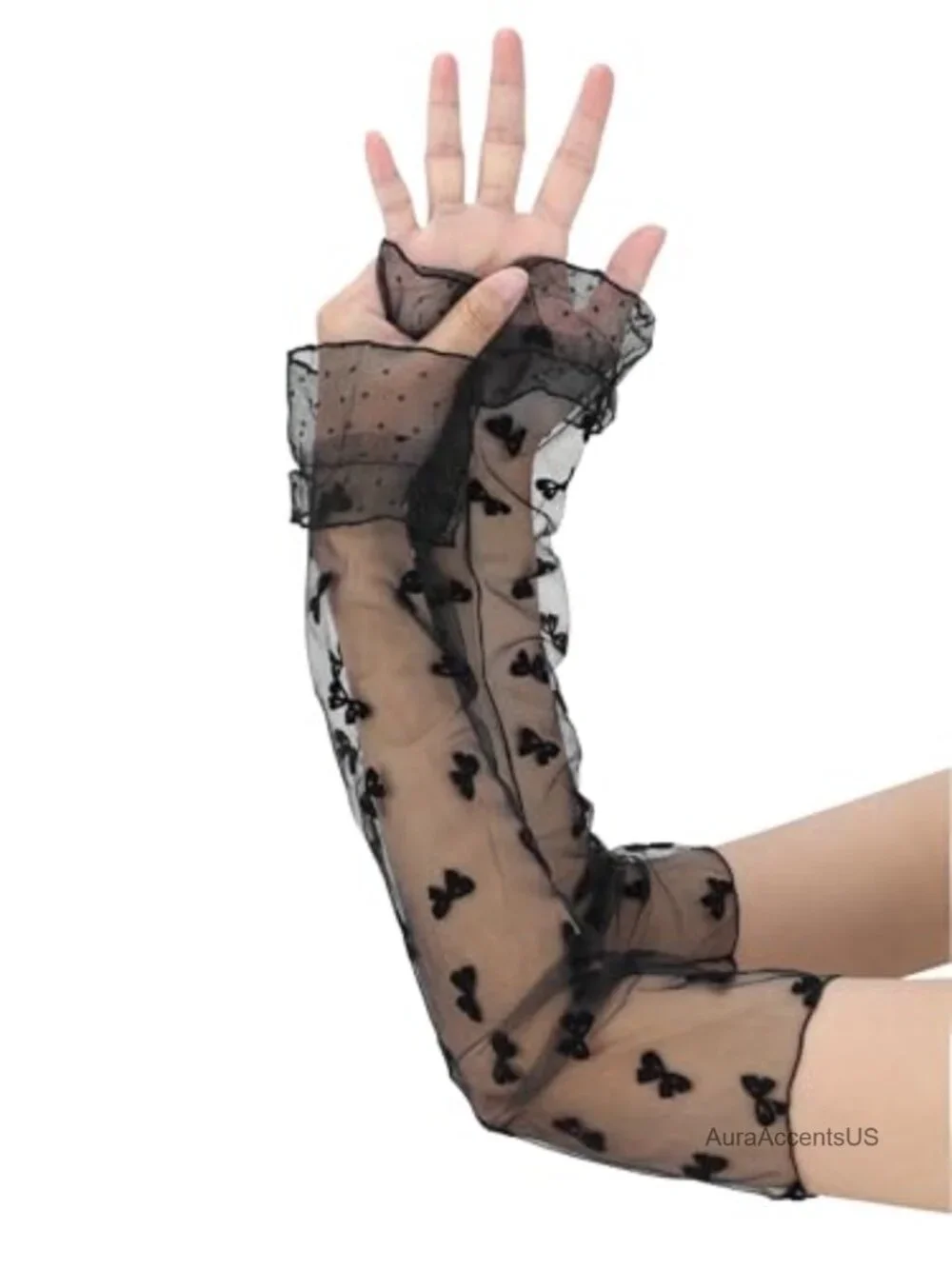 Long Polka Point Bowknot Lace Pleated Gloves Fashion Fingerness Arm Sleeves for